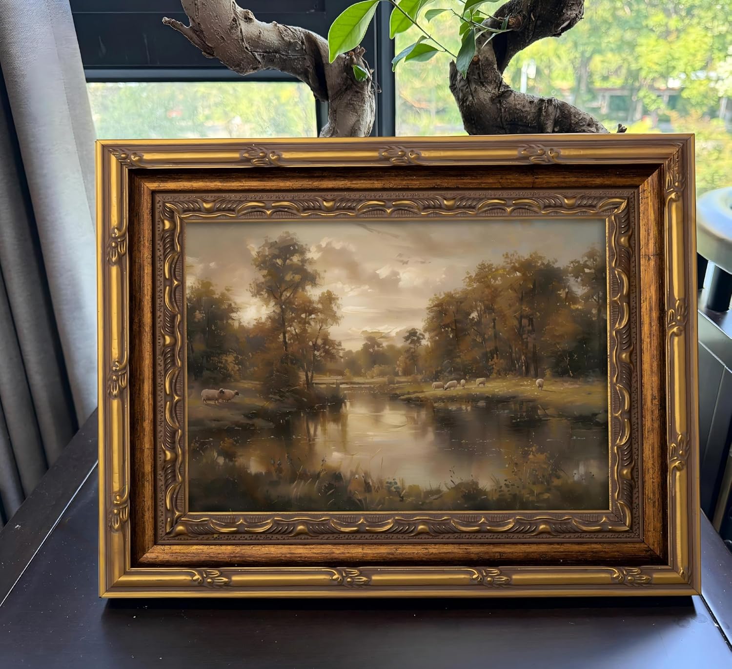 Vintage Gold Framed Landscape Wall Art - River Painting Canvas Print for Living Room & Bedroom Decor