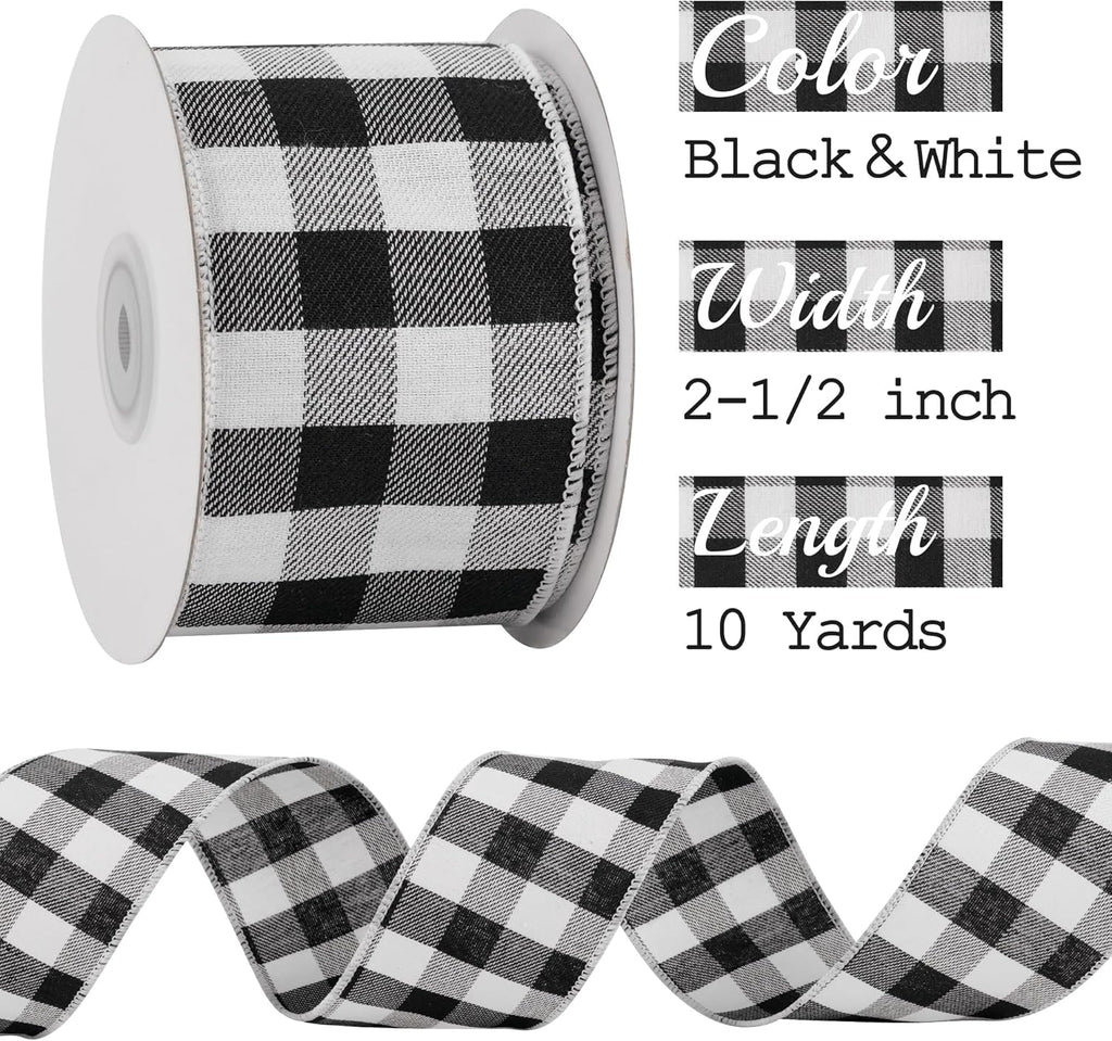 MEEDEE Buffalo Plaid Ribbon - 2.5 Inch Wide, 10 Yards of Wired Polyester for Crafts & Decorations