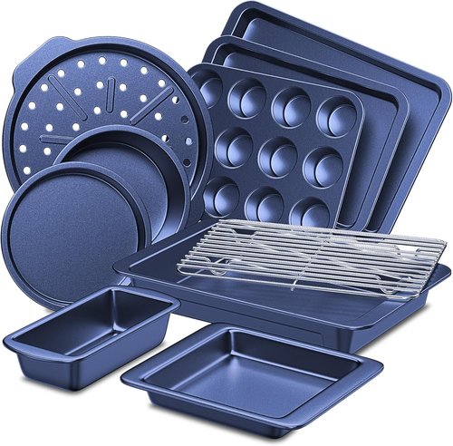 HONGBAKE Nonstick Bakeware Set - 10-Piece Kitchen Baking Pans with Wider Grips | Blue Color