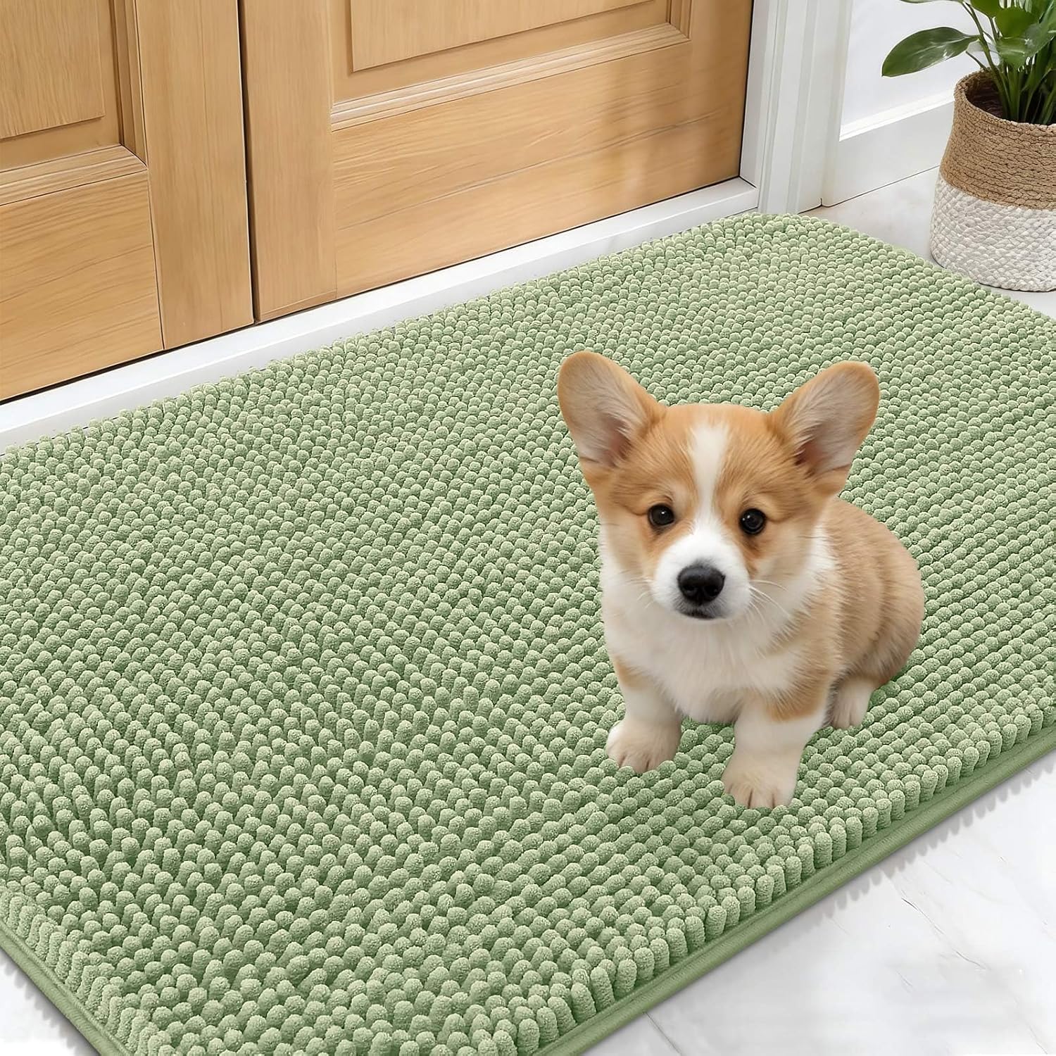 OLANLY Dog Door Mat - Absorbent Non-Slip Mud Mat for Paws | 30x17 Inches, Quick Dry Chenille, Sage Green