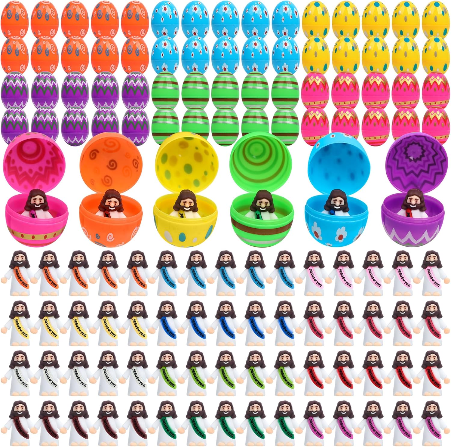 Skiennix Easter Basket Stuffers - 60 PCS Colorful Eggs & Religious Jesus Figurines for Kids