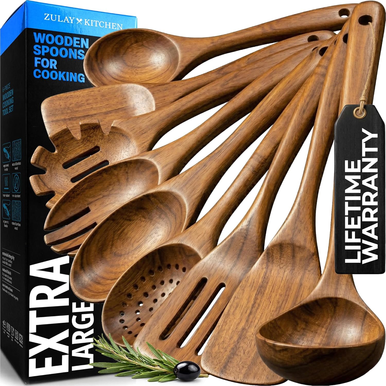 Zulay Kitchen 9-Piece Teak Wood Cooking Utensil Set - Non-Toxic, Non-Stick Tools with Comfortable Grip & Smooth Finish