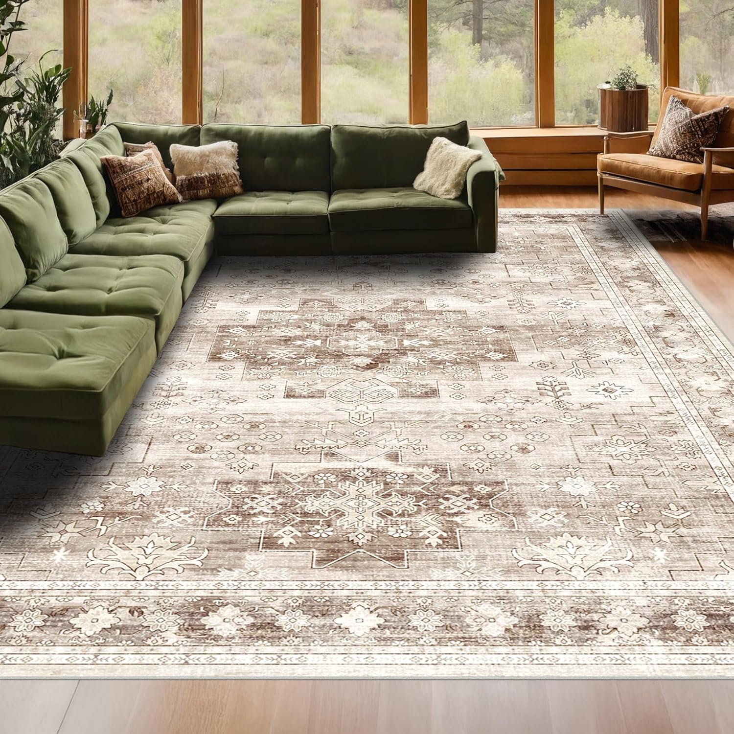 Skiennix Washable Area Rug - Large 9x12 Boho Vintage Floral Design | Non-Slip & Stain Resistant in Beige/Latte