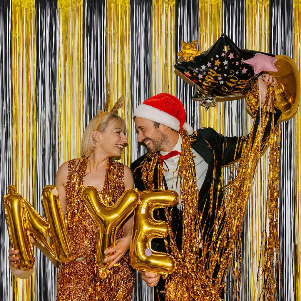 Melsan Graduation Decorations 2026 - Foil Fringe Curtains | 3 Pack Black Tinsel Backdrop 3.2 x 8.2 ft