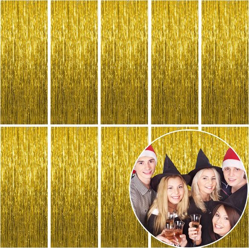 Foil Curtain Backdrop - 10 Pack Gold Metallic Tinsel Fringe Curtains for Party Decorations