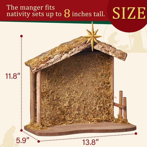 BESBLEE Wooden Nativity Stable 13.8''×11.8'' with Bethlehem Star, Fits 7-8'' Holy Family, Christmas Indoor Creche Home Desk Decor, No Figures
