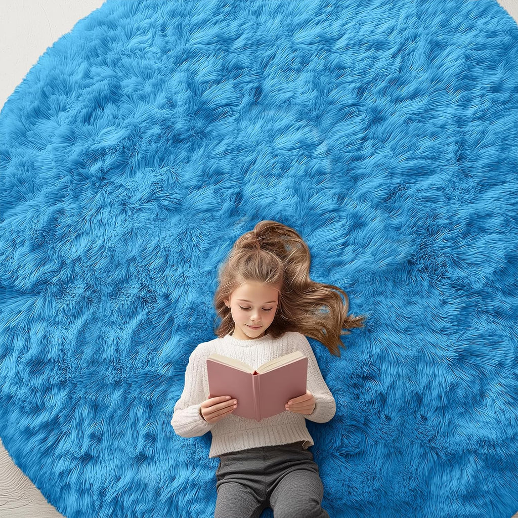 OLANLY Bright Blue Round Rug - Soft, Fluffy, Machine Washable 8 ft Circle Area Rug for Bedroom & Living Room Decor
