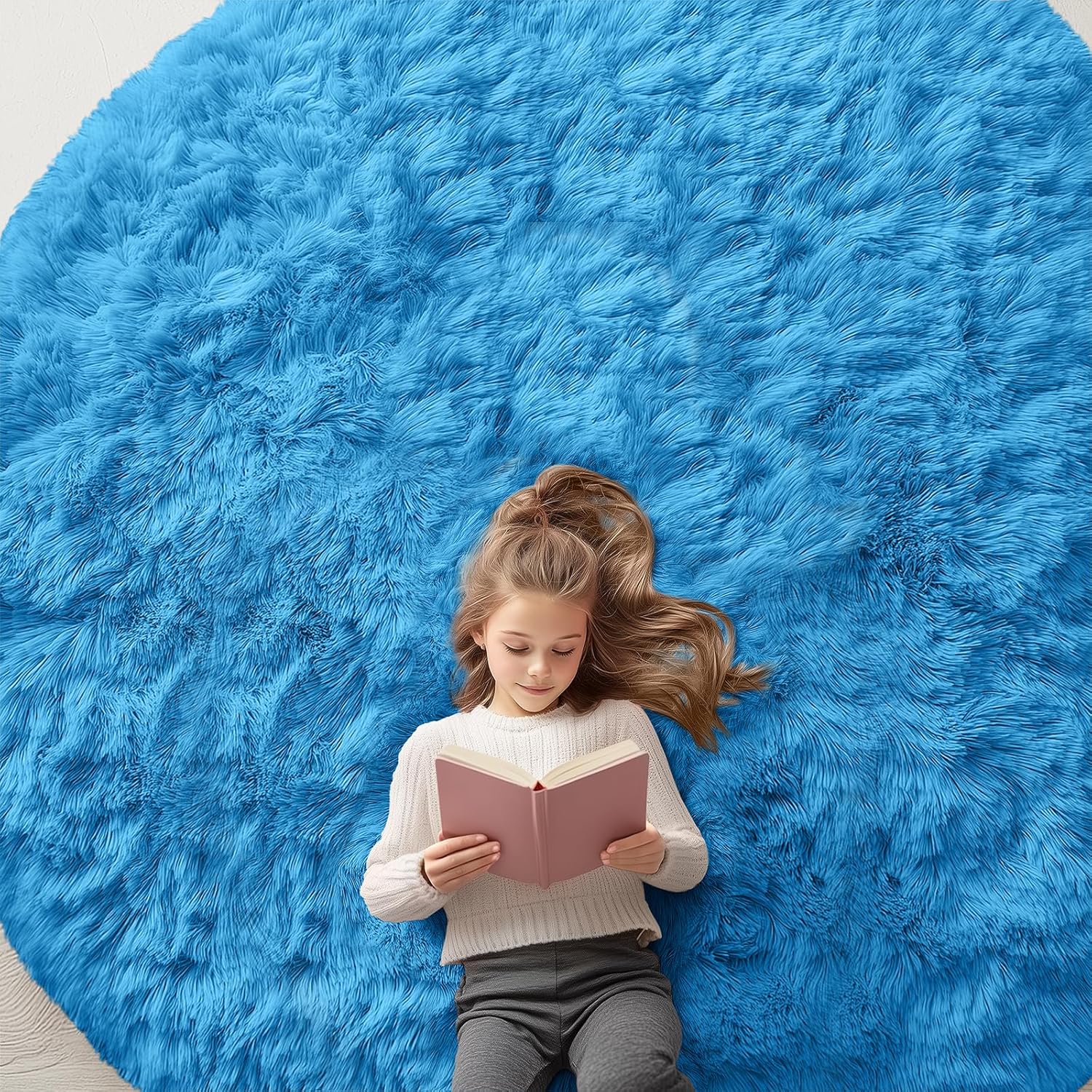 OLANLY Bright Blue Round Rug - Soft, Fluffy, Machine Washable 8 ft Circle Area Rug for Bedroom & Living Room Decor