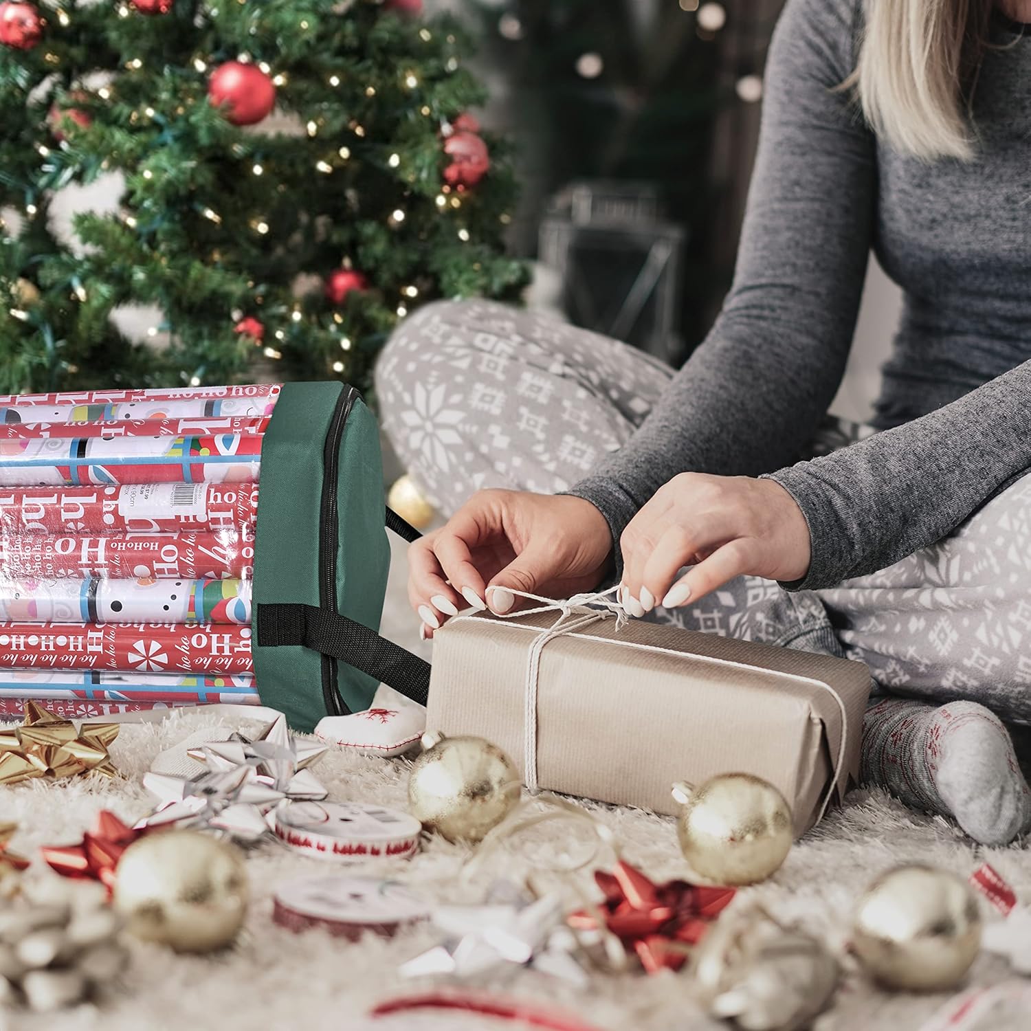 Primode Wrapping Paper Storage Bag - Durable 600D Oxford Organizer for Under Bed | 42” Length, Green
