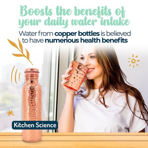 Kitchen Science- Ayurvedic 34oz Copper Water Bottle with Copper Tumbler, Bag & Sleeve – Lab-Tested, Leak-Proof