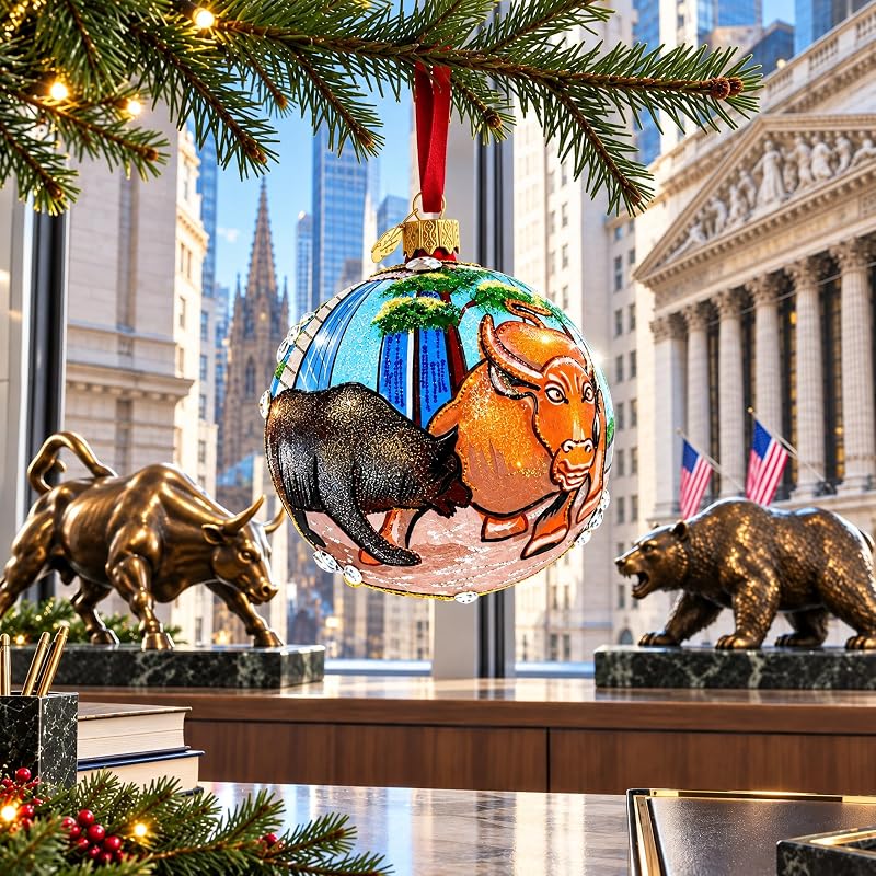 Bear and Bull on Wall Street Glass Ball Christmas Ornament - 4 Inch Handmade Ukrainian Craft