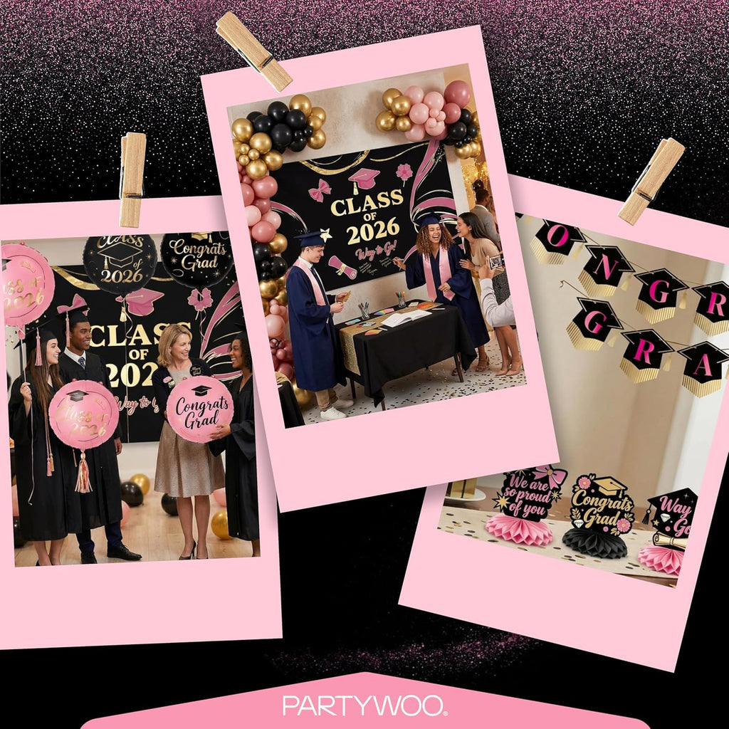 PartyWoo Graduation Decorations - Class of 2026 Black, Pink & Gold 40pcs Set with Backdrop & Balloons