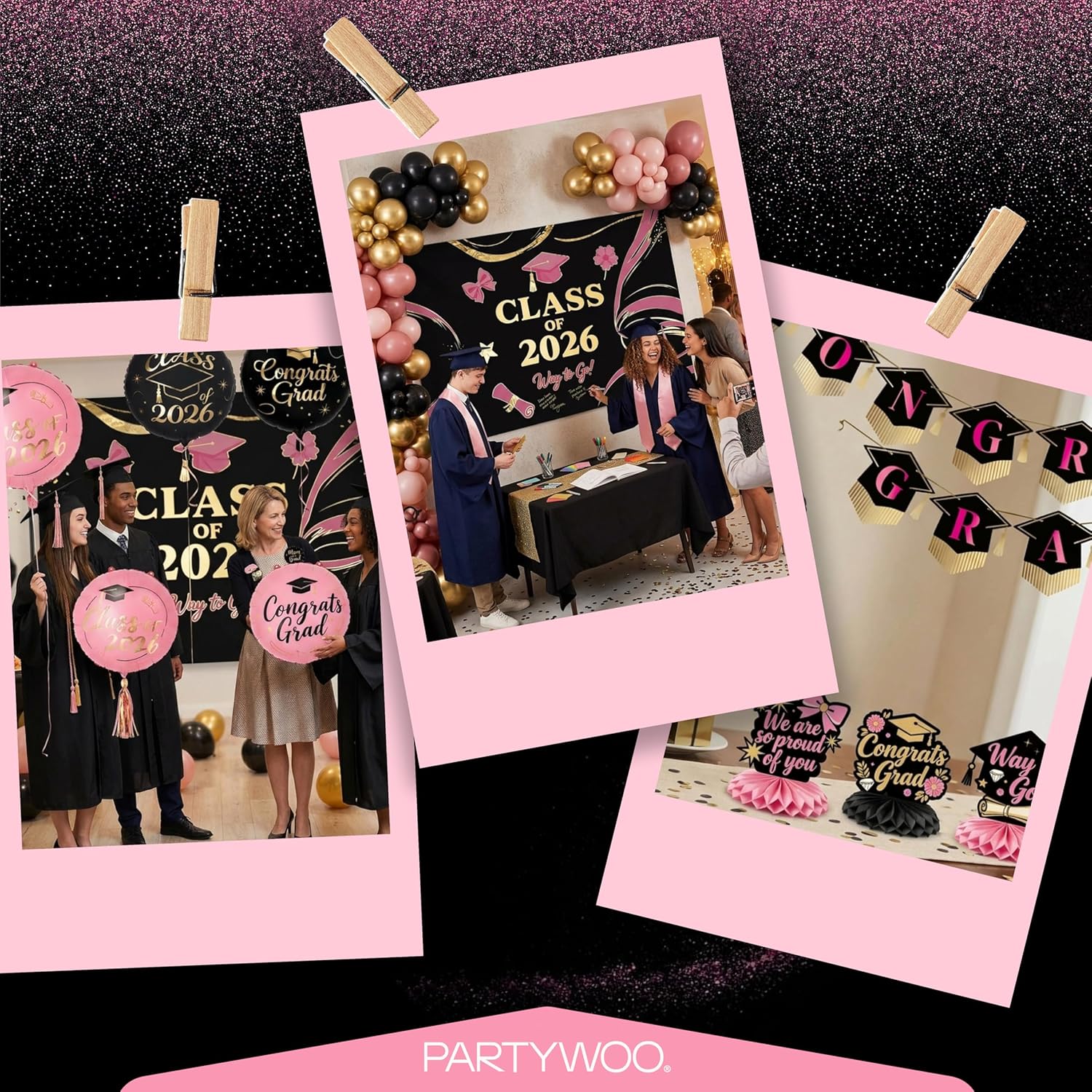 PartyWoo Graduation Decorations - Class of 2026 Black, Pink & Gold 40pcs Set with Backdrop & Balloons