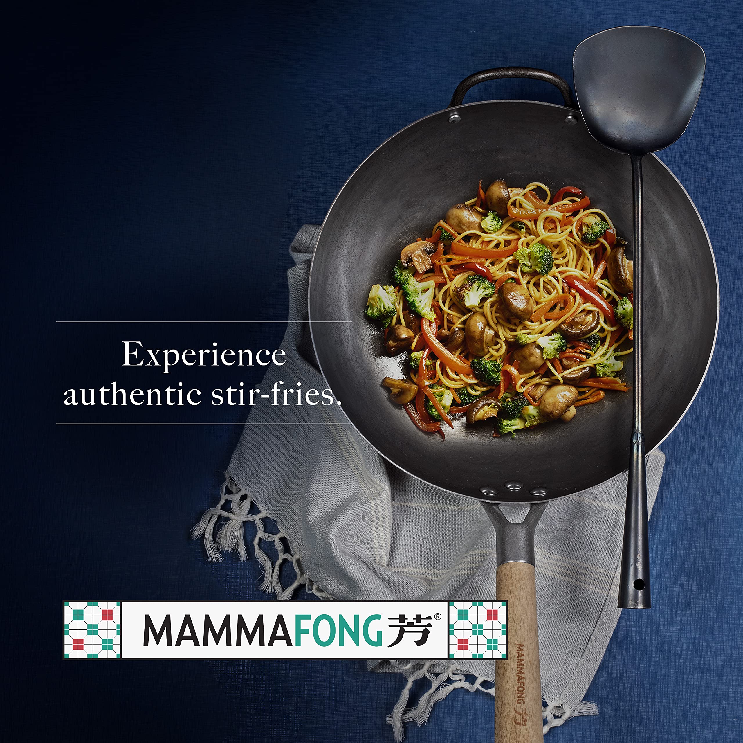 Mammafong Traditional Hand Hammered Round Bottom Carbon Steel Pow Wok Set with Wok Spatula and Bamboo Brush (14 inch wok set with wok accessories)…