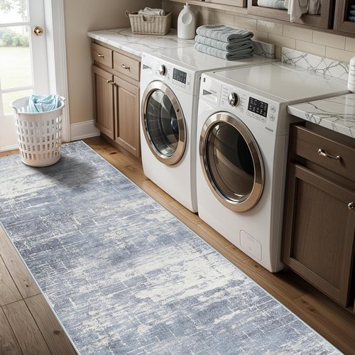 **Hallway 2x10 Washable Runner Rug - Abstract Low-Pile Stain Resistant | Cozy Non-Slip Area Rug in Blue/Ivory**