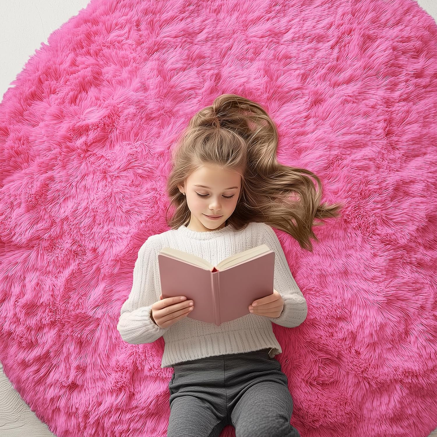 OLANLY Hot Pink Round Rug - Soft, Fluffy Shaggy Carpet | 5 ft Machine Washable Area Rug for Bedrooms & Nurseries
