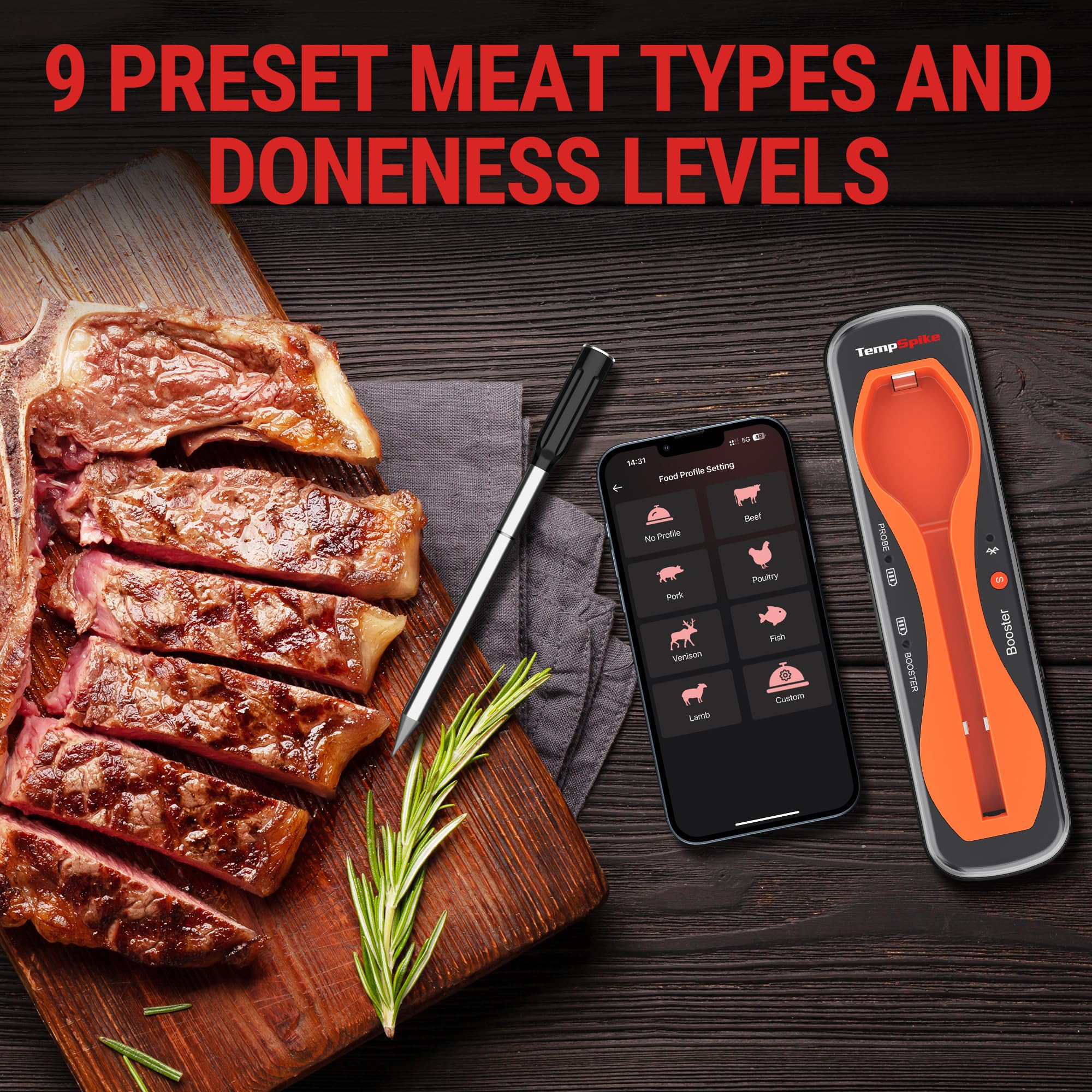ThermoPro TempSpike 500 ft Wireless Meat Thermometer Digital, Bluetooth Meat Thermometer Wrieless for Beef Lamb Chicken Turkey, Smoker Acccessories for Rotisserie Sous Vide BBQ Oven Air Fryer