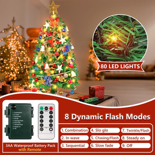 3FT Small Christmas Tree, Tabletop Christmas Trees with 80 LED Lights and 200 Lifelike Branches, Prelit Christmas Tree with 148 Ornaments, Small Xmas Tree for Holiday Indoor DIY Decor