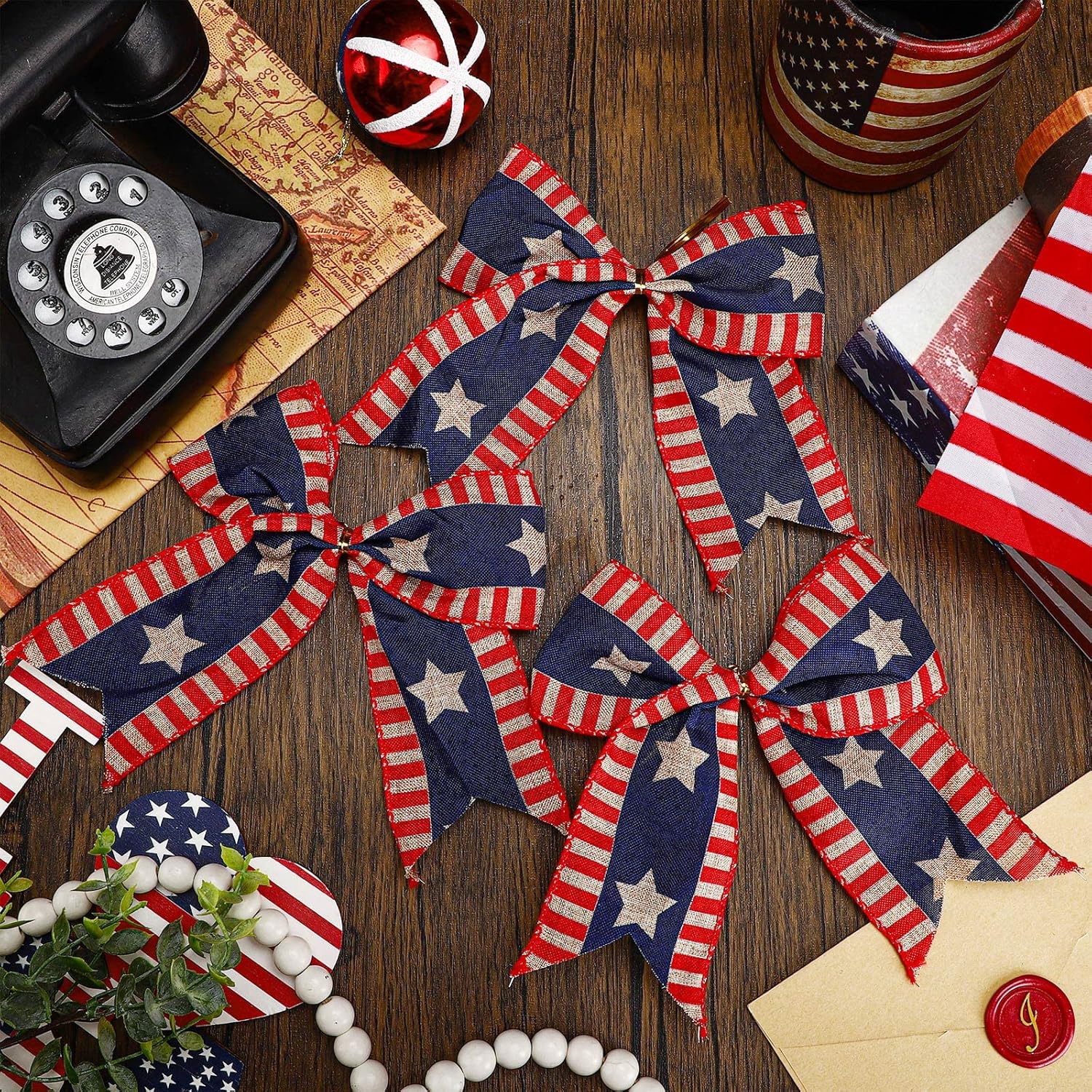 Skiennix 12 Pcs 4th of July Bows - Large Patriotic Burlap Decor for Independence Day | Red, White & Blue