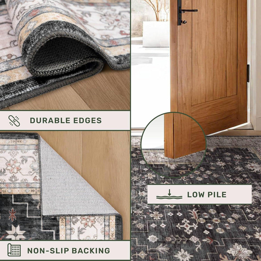 Skiennix Black Boho Kitchen Runner Rug - Washable, Non-Slip, Stain & Fade Resistant | 3x6 Vintage Floral Design