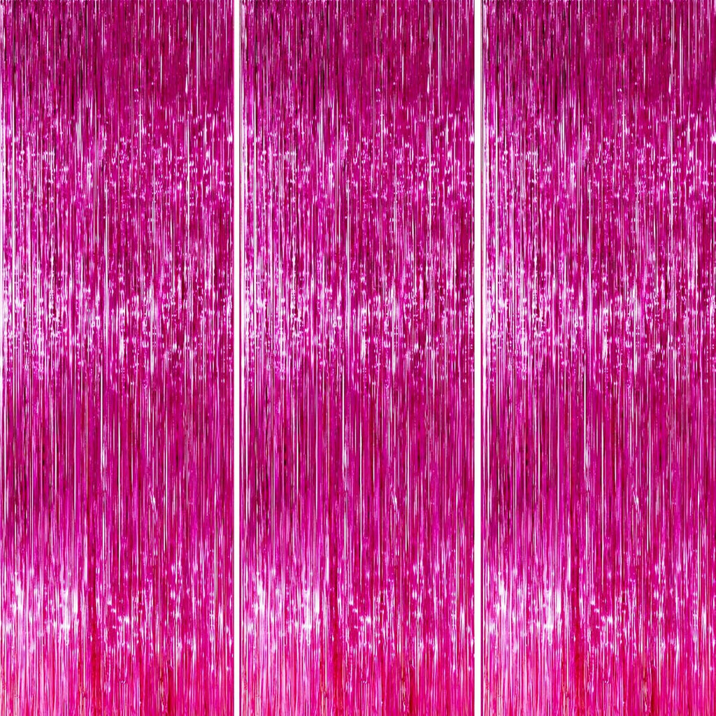 PartyWoo Hot Pink Foil Fringe Curtain - 3pcs 8.2ft Tinsel Backdrop for Birthday & Bachelorette Parties