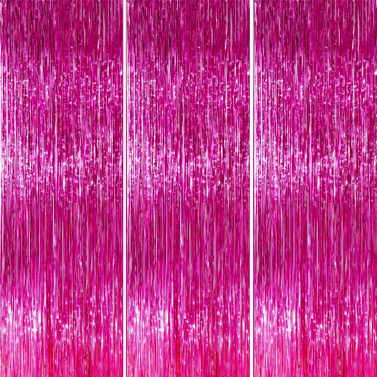 PartyWoo Hot Pink Foil Fringe Curtain - 3pcs 8.2ft Tinsel Backdrop for Birthday & Bachelorette Parties