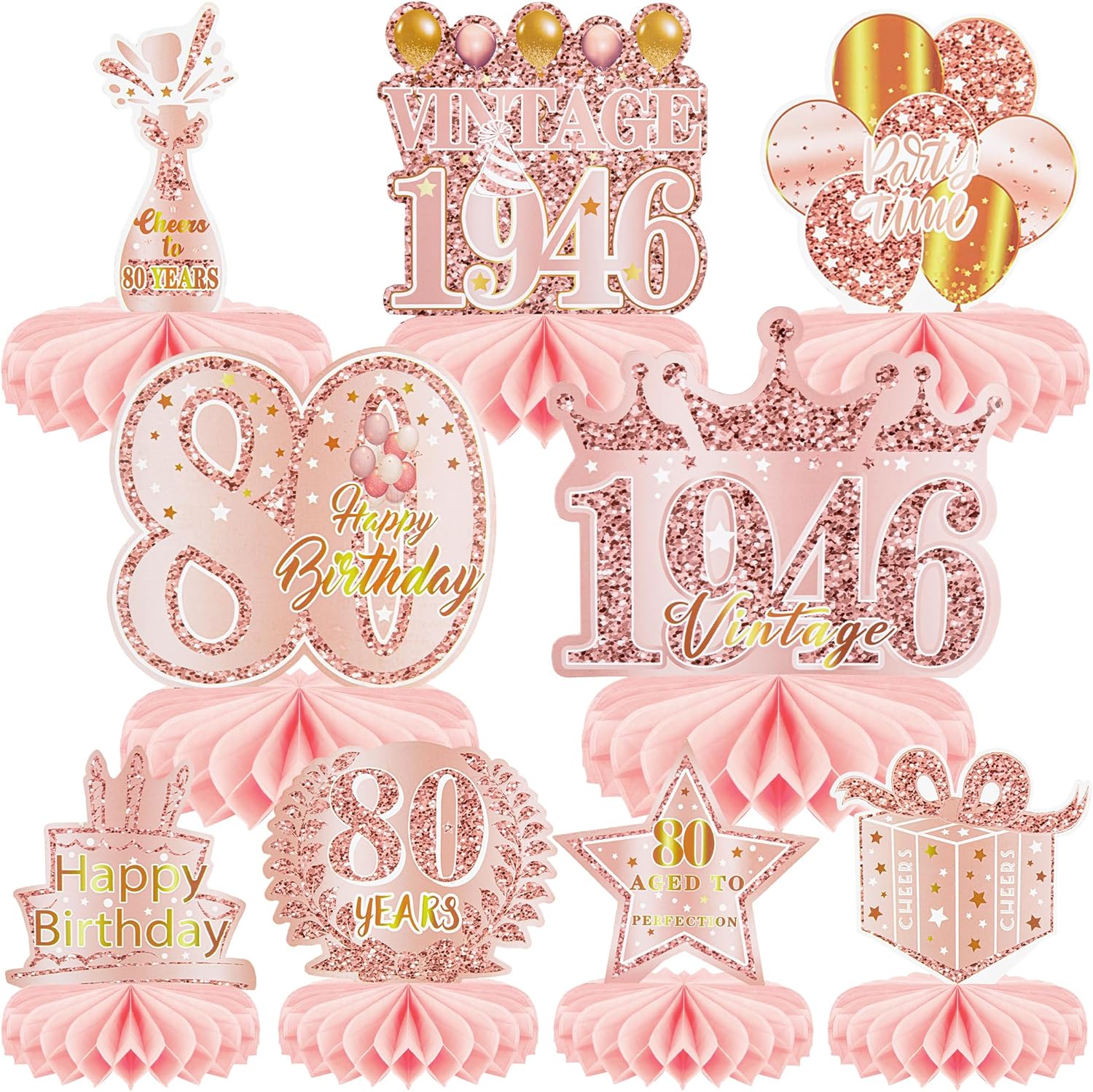 Skiennix 80th Birthday Decorations - Elegant Rose Gold Honeycomb Centerpieces | 9 Pcs Table Toppers for Women