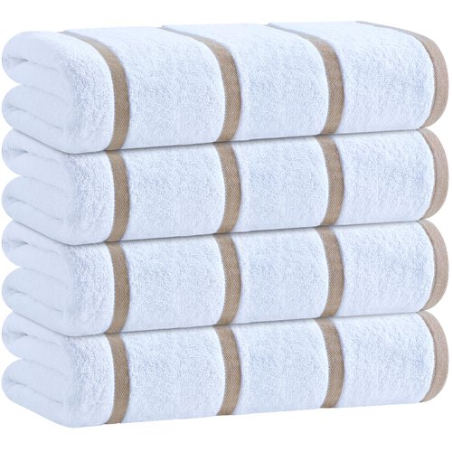 White Classic Cotton Pool Towels Oversized 30 x 60 Inches, Ultra Absorbent and Low Lint Striped Beach Towels for Adults, Stripes Design Luxury Extra Large Bath Towels, Beige, 4 Pack