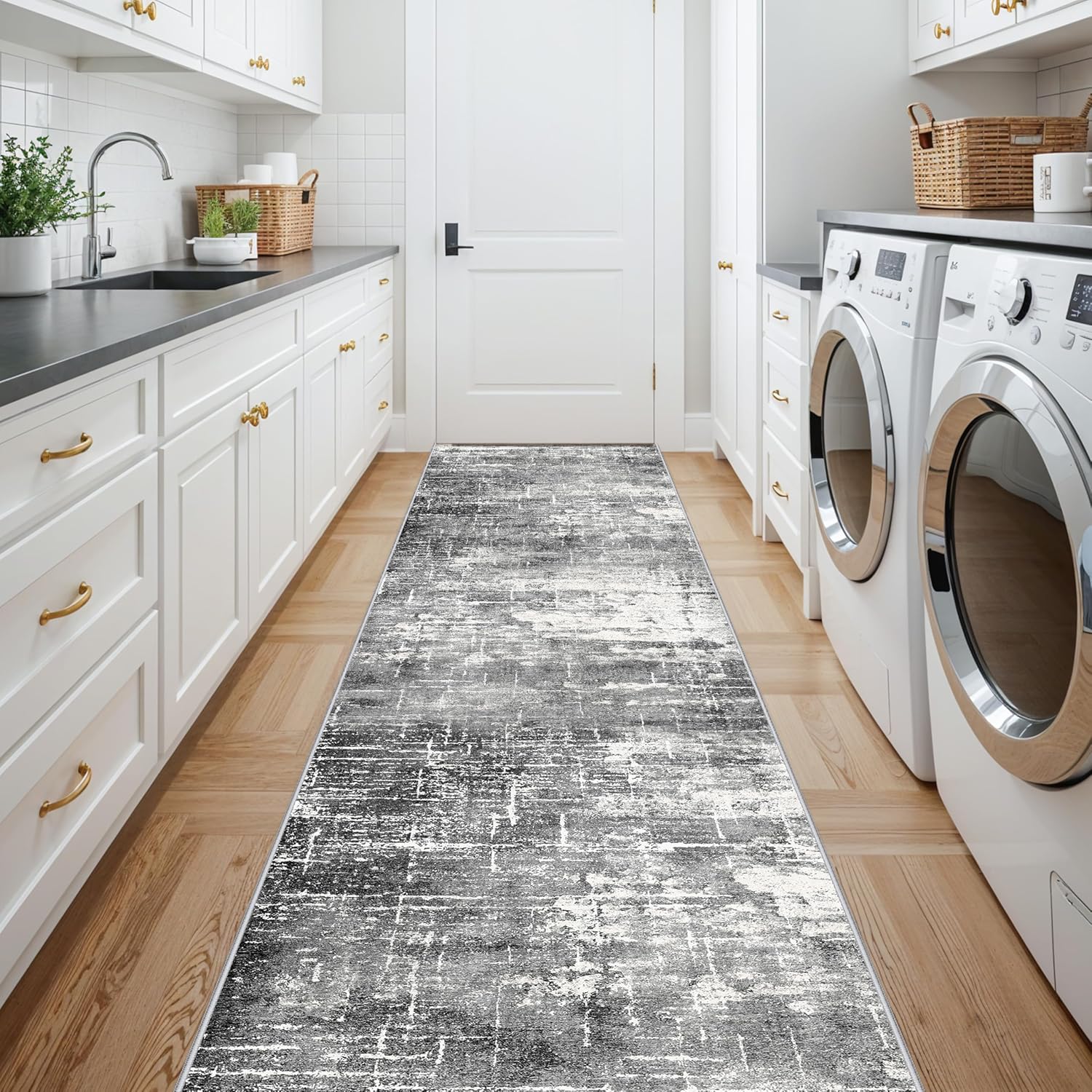 Skiennix Abstract 14ft Long Runner Rug - Non-Slip, Washable, Low-Pile | Soft Black/Grey Indoor Carpet (2'6"x14')