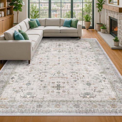 Hazo Haus Boho Living Room Rug - Light Grey Floral Design | Washable Low Pile 9x12 Extra Large Area Rug