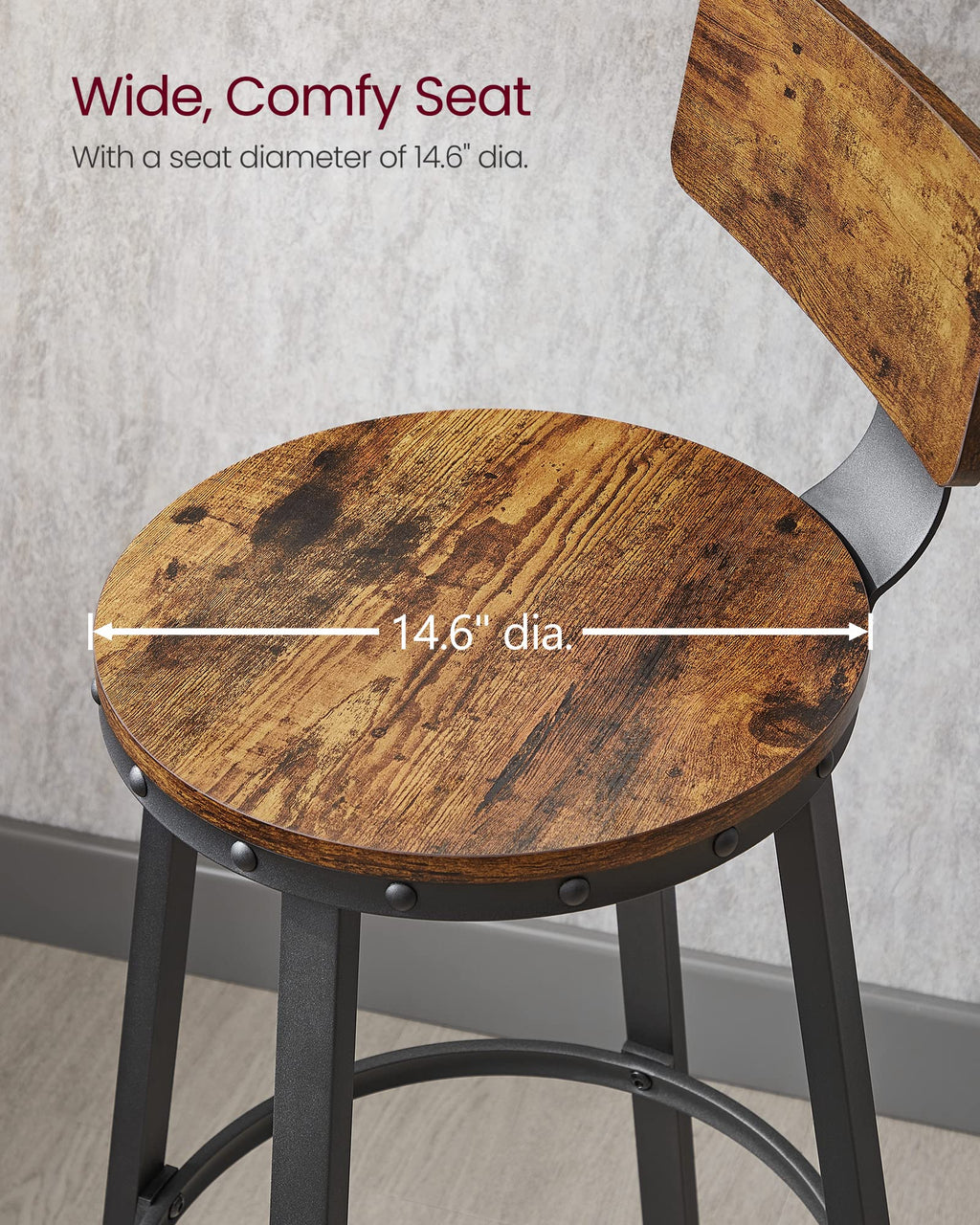 VASAGLE Bar Stools Set of 2, Bar Height Stools, 28.9 Inches Counter Barstools Chairs with Back for Dining Kitchen Island, Steel Frame, Industrial Style, Easy Assembly, Rustic Brown and Ink Black
