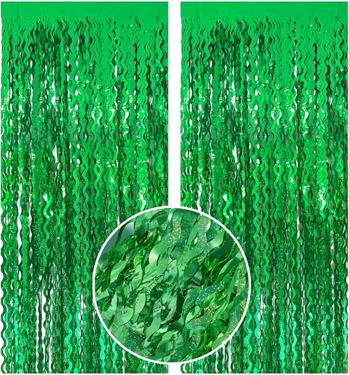 Green Tinsel Foil Fringe Curtains - Wavy Backdrop for Parties & Photo Booths | Metallic Streamers