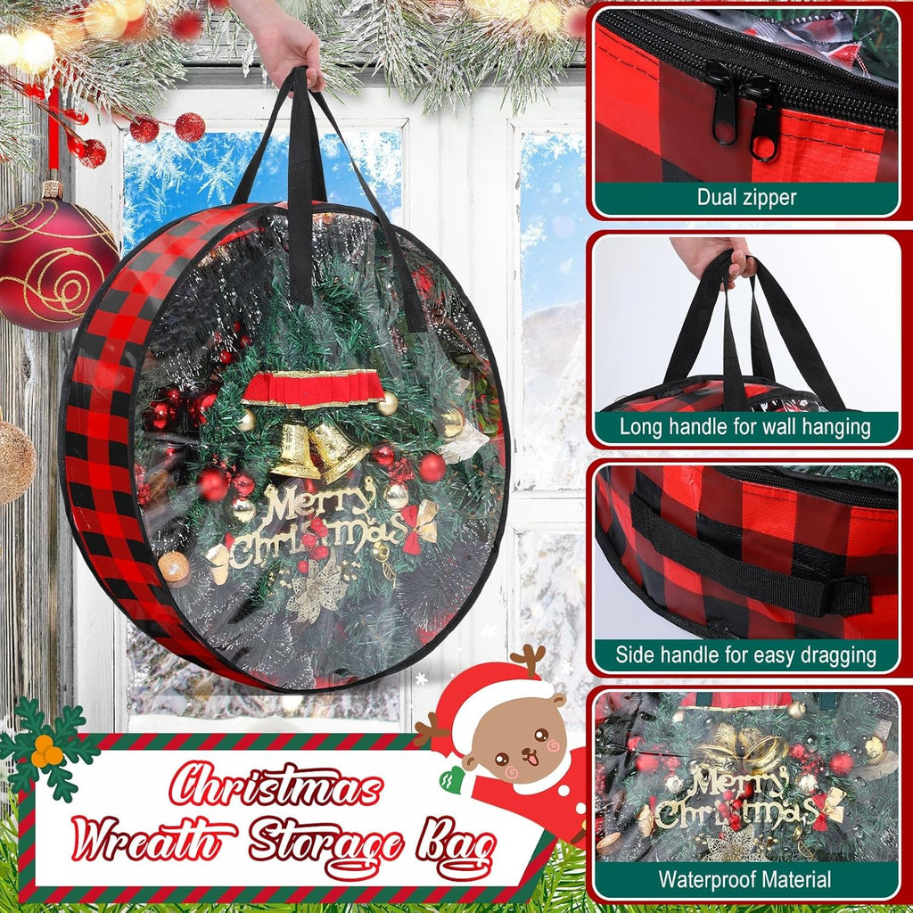 Shappy Christmas Wreath Storage Bag - 4 Pcs with Clear Window & Handles | Red Black, 24 Inch