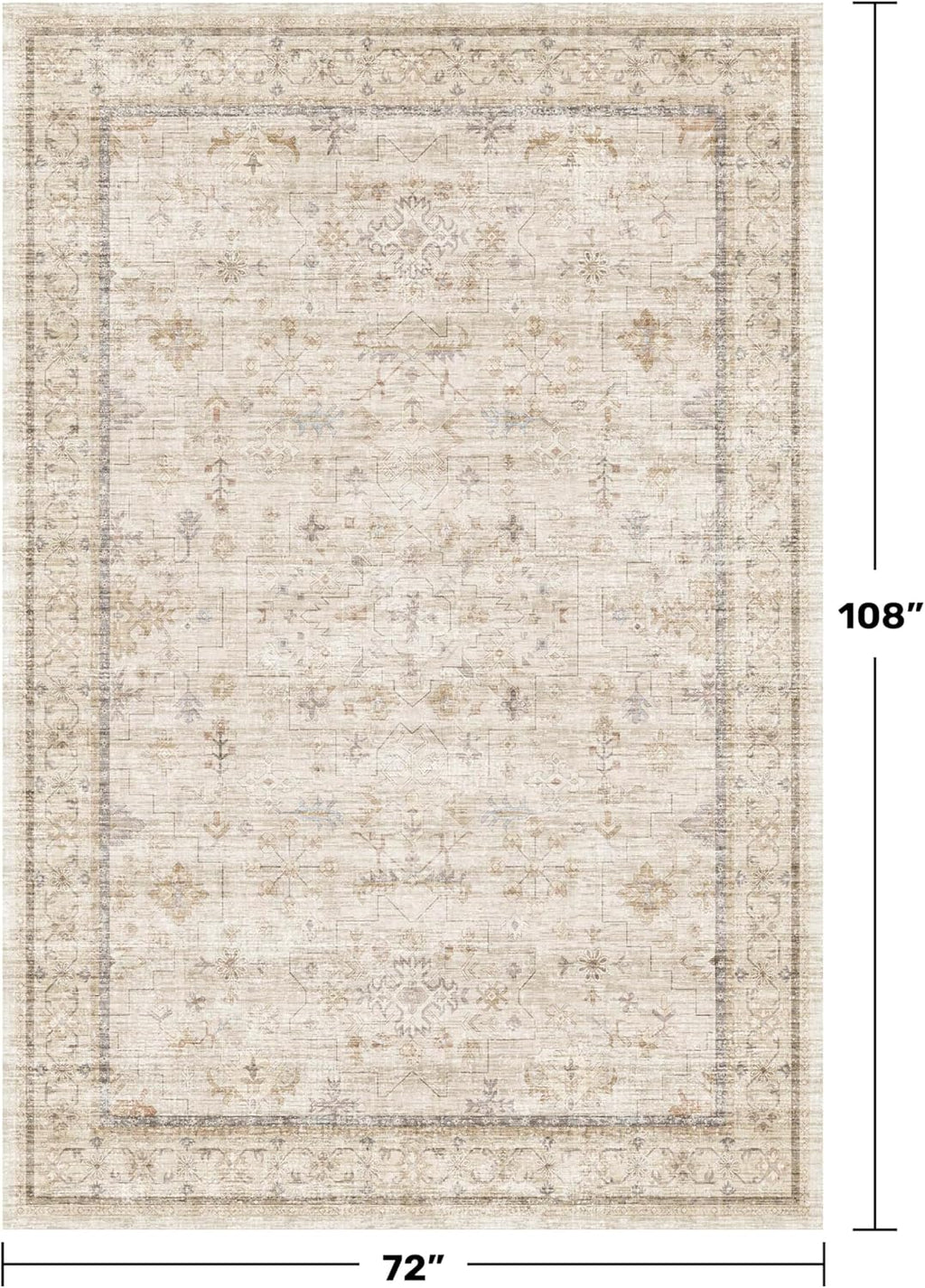 Washable Ivory 6x9 Living Room Rug - Non-Slip Dining Rug for Under Table | Low Pile Neutral Farmhouse Carpet
