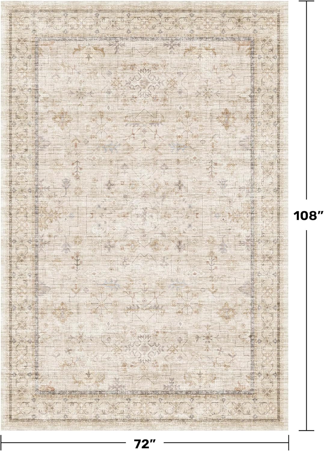 Washable Ivory 6x9 Living Room Rug - Non-Slip Dining Rug for Under Table | Low Pile Neutral Farmhouse Carpet