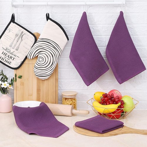 Homaxy Kitchen Dish Cloths - Ultra Soft 100% Cotton Waffle Weave, Quick Drying, 12 x 12 Inches, 6-Pack, Purple
