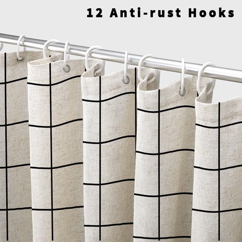 WOUVMA Farmhouse Plaid Shower Curtain Beige Linen Shower Curtains for Bathroom Natural Black Pattern 72 x 72 Inch