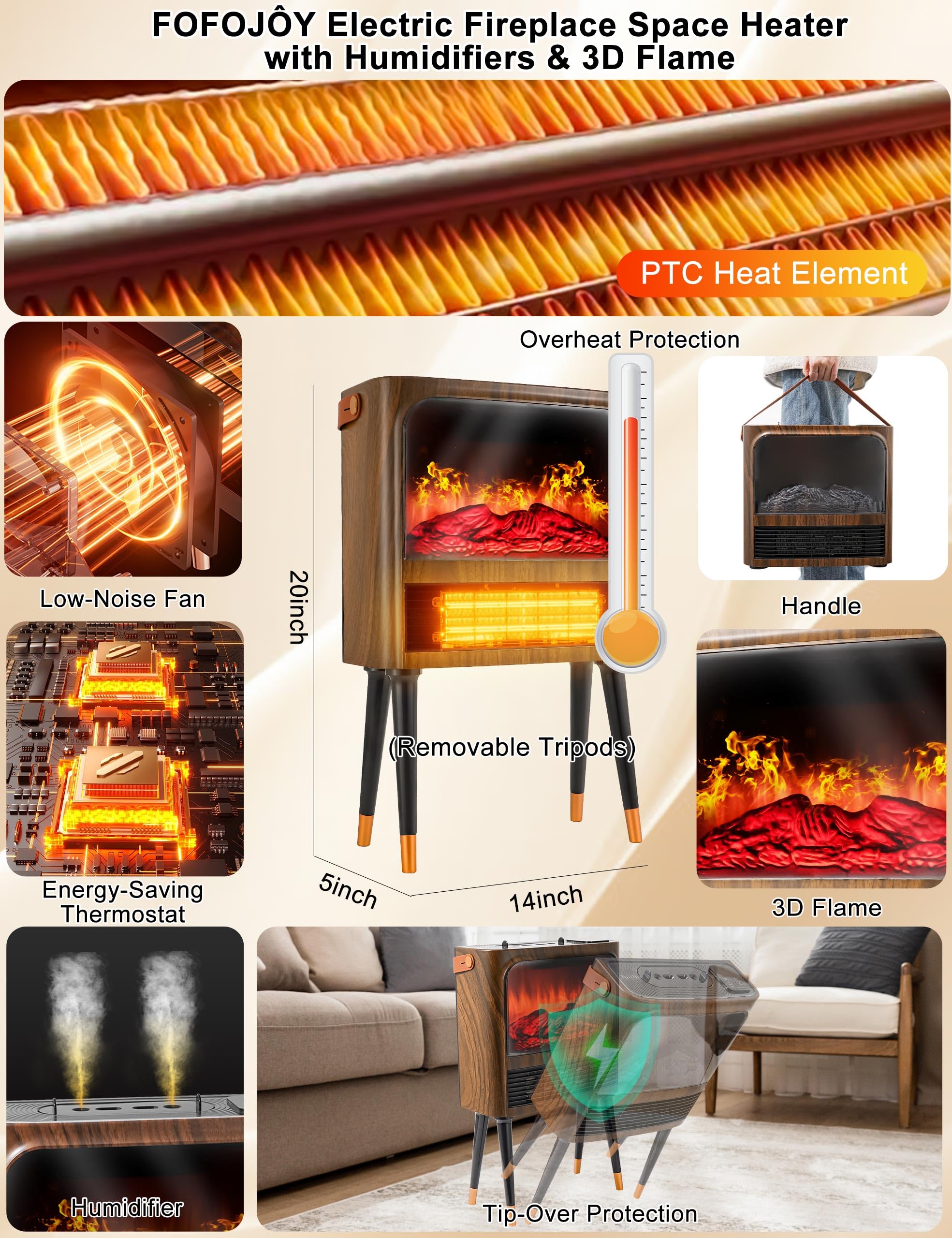 Electric Fireplace Heater with 3D Realistic Flame, Humidifier, Thermostat, Safety Protection, Remote Control, Timer, Electric Space Heater, 1500W/750W Portable Fireplace Heater for Indoor Use