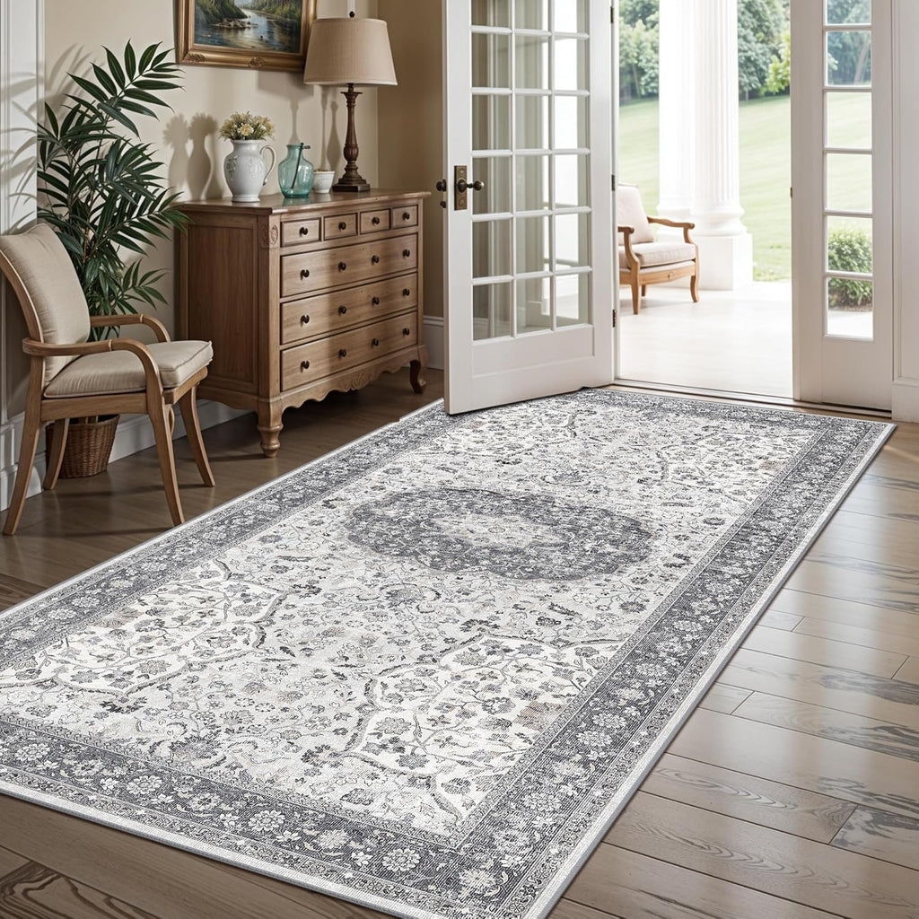 Regine Switzerland 4x8 Washable Runner Rug - Stain Resistant Oriental Design | Soft Non-Slip Carpet for Entryway, Kitchen, and Bathroom (Grey)