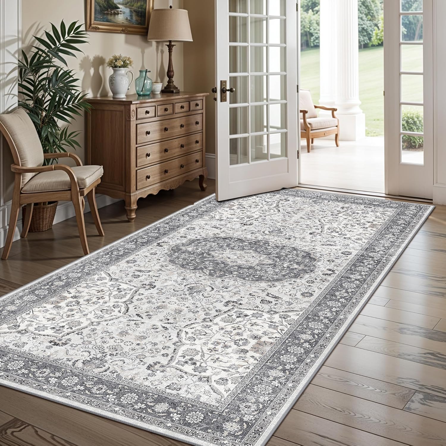 Regine Switzerland 4x8 Washable Runner Rug - Stain Resistant Oriental Design | Soft Non-Slip Carpet for Entryway, Kitchen, and Bathroom (Grey)