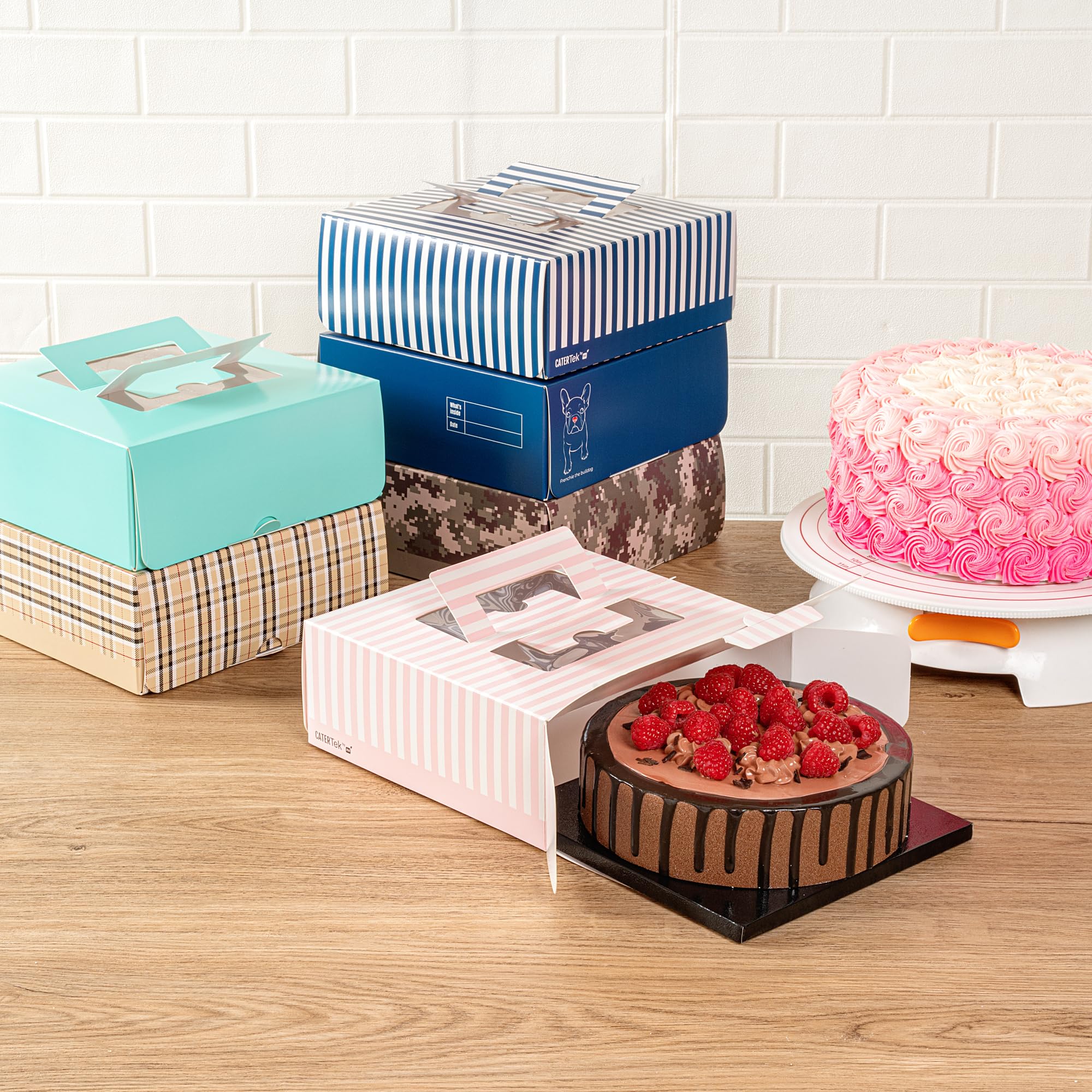 Restaurantware Cater Tek 9 x 9 x 3.5 Inch Cake Boxes 50 Disposable Lunch Boxes - Display Window Pop-Up Handles Pink and White Paper Pastry Boxes Grease Impermeable Shipped Flat