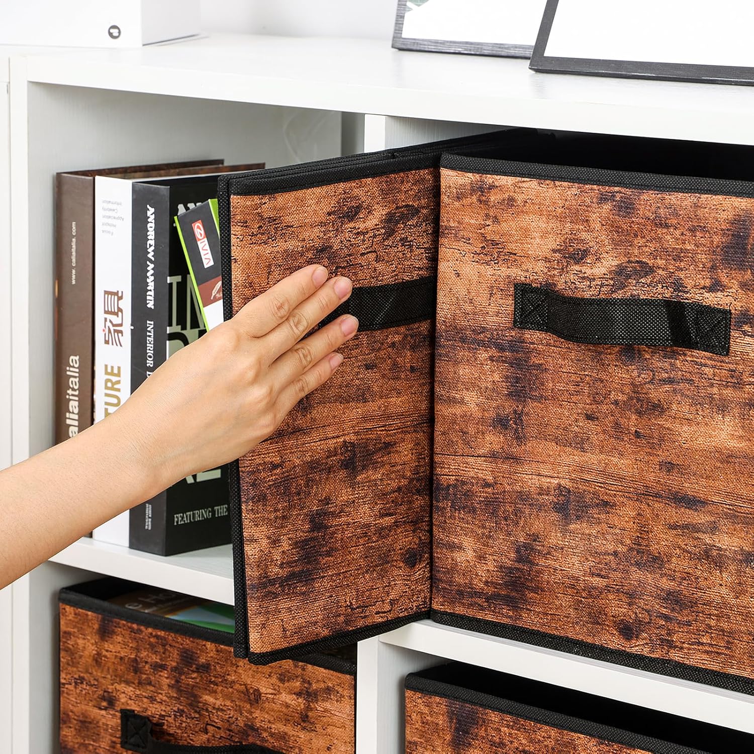 Stero Fabric Storage Cubes - 6 Pack Foldable Bins with Handles | 13 Inch Rustic Brown & Black Organizer