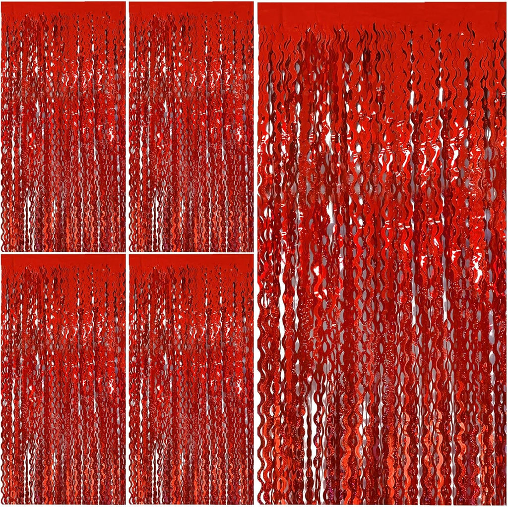 Red Tinsel Foil Fringe Curtains - Sparkling Wavy Backdrop for Parties & Events | Photo Booth Decor