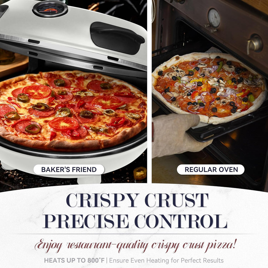 Baker's Friend Electric Pizza Oven - 12-Inch Indoor Countertop Cooker with Premium Ceramic Stone - Creamy White