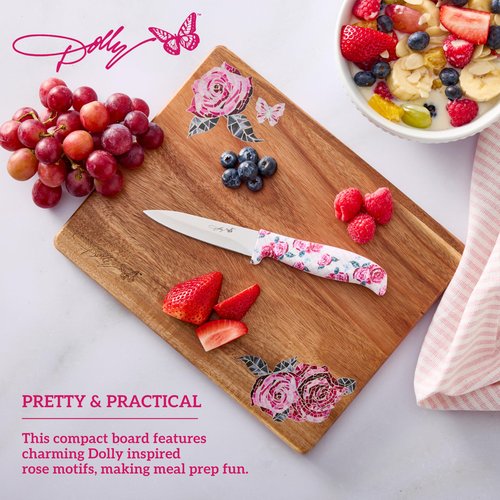 Dolly Parton Acacia Wood Reversible Cutting Board, Rose Print, Gentle on Knives, Ideal for Chopping and Serving, 8 x 10 Inch