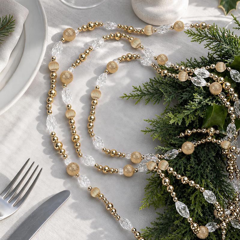 Golden 3pc 30ft Christmas Bead Garland Set - Gold Beaded Garland for Tree, Mantel & Wreath (Variation: Golden-3pcs)