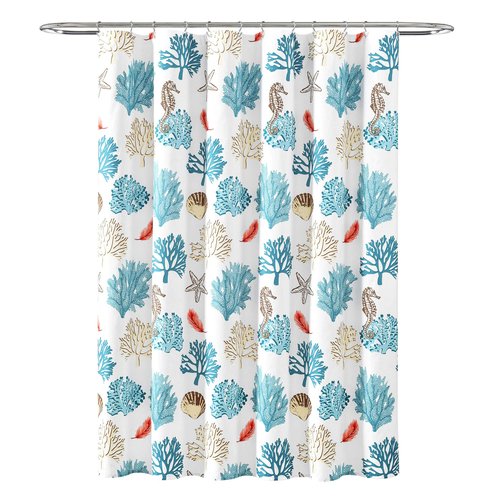 Lush Decor Coastal Reef Feather Shower Curtain, 72" W x 72" L, Blue & Coral - Coastal Shower Curtain - Fabric Curtains - Ocean Bathroom Decor - Beach House - Beachy Room