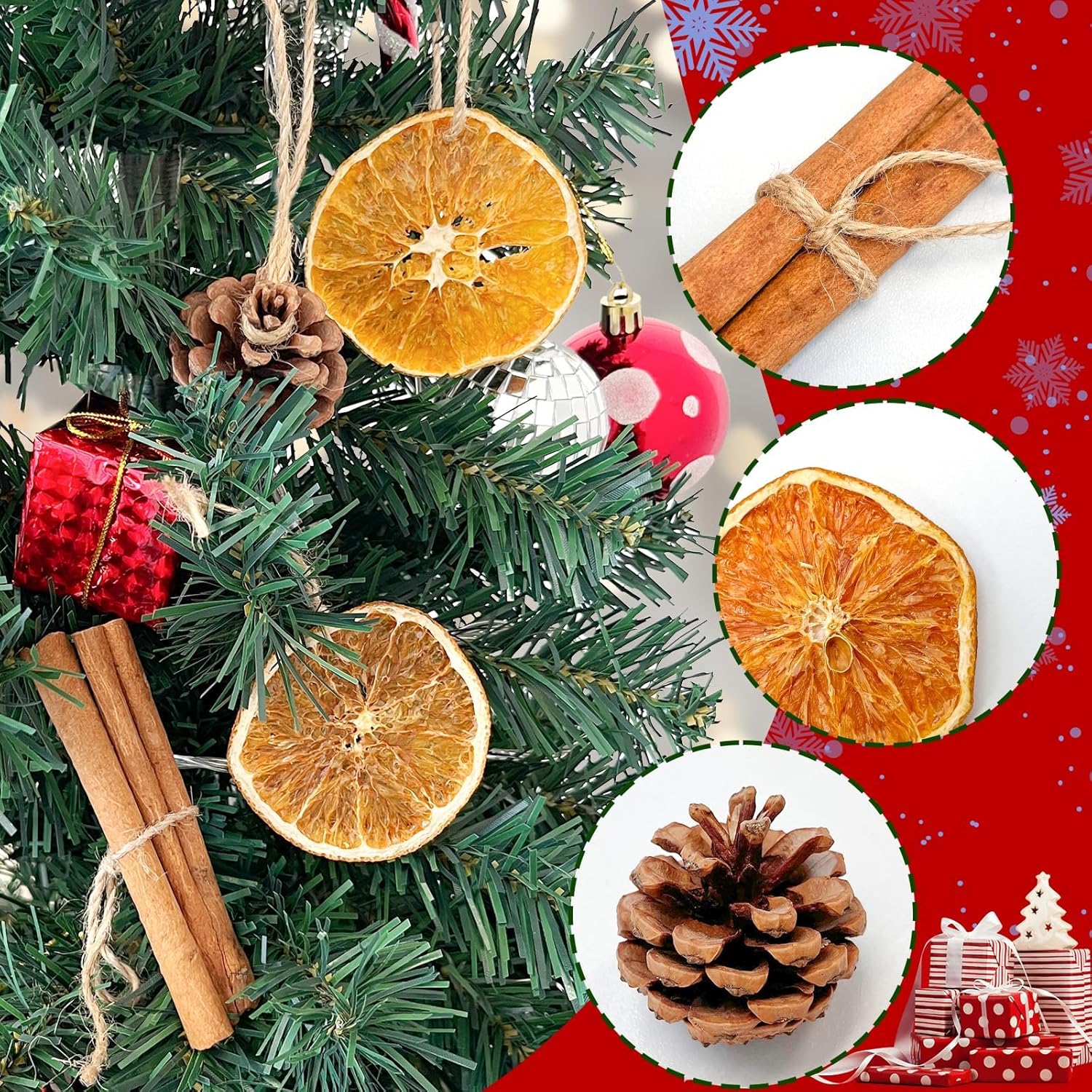 Rustic Christmas Tree Ornaments Set by [Brand Name] - 32pcs with Dried Orange Slices, Cinnamon Sticks & Pine Cones | Perfect for DIY Holiday Decor
