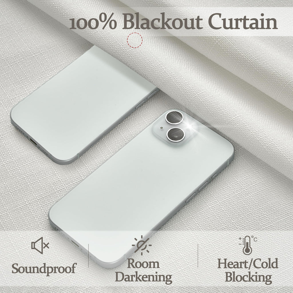 100% Blackout Linen 96 Inch Curtains 2 Panel Set for Bedroom, Modern Pinch Pleated Natural Linen Off Beige White Insulated Heavy Curtain 40 x 96 Inches Length Sliding Glass Door Room Darkening Drapes