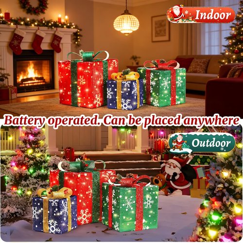 Christmas Light Up Gift Box Set (3 Pcs) - 8 Lighting Modes Battery Powered, Festive Holiday Decorations for Indoor Outdoor Tree, Yard, Home